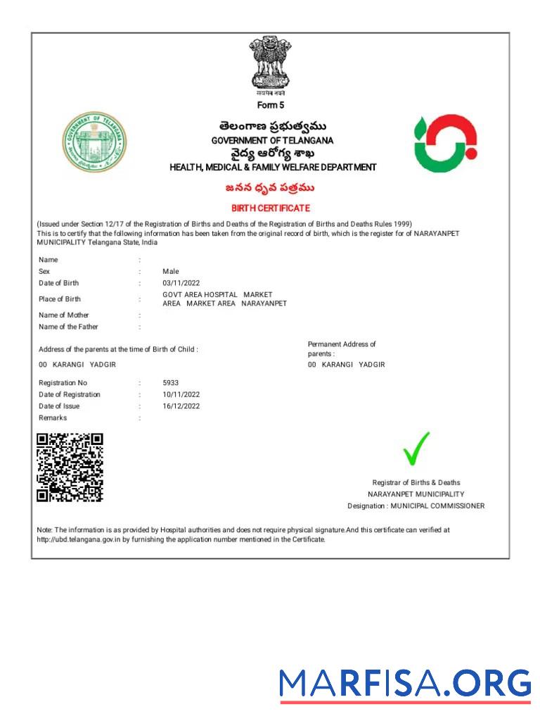 Downloadable India Department of health, medical and family welfare birth certificate sample